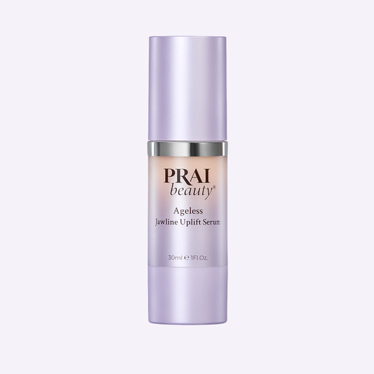 Ageless jawline serum bottle with lavender cap, chrome ring, beige label