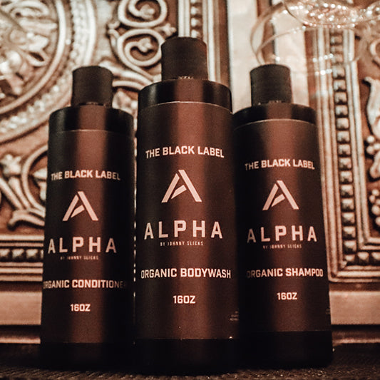 Hair conditioner bottle trio, The Black Label Alpha by Johnny Slicks, black caps