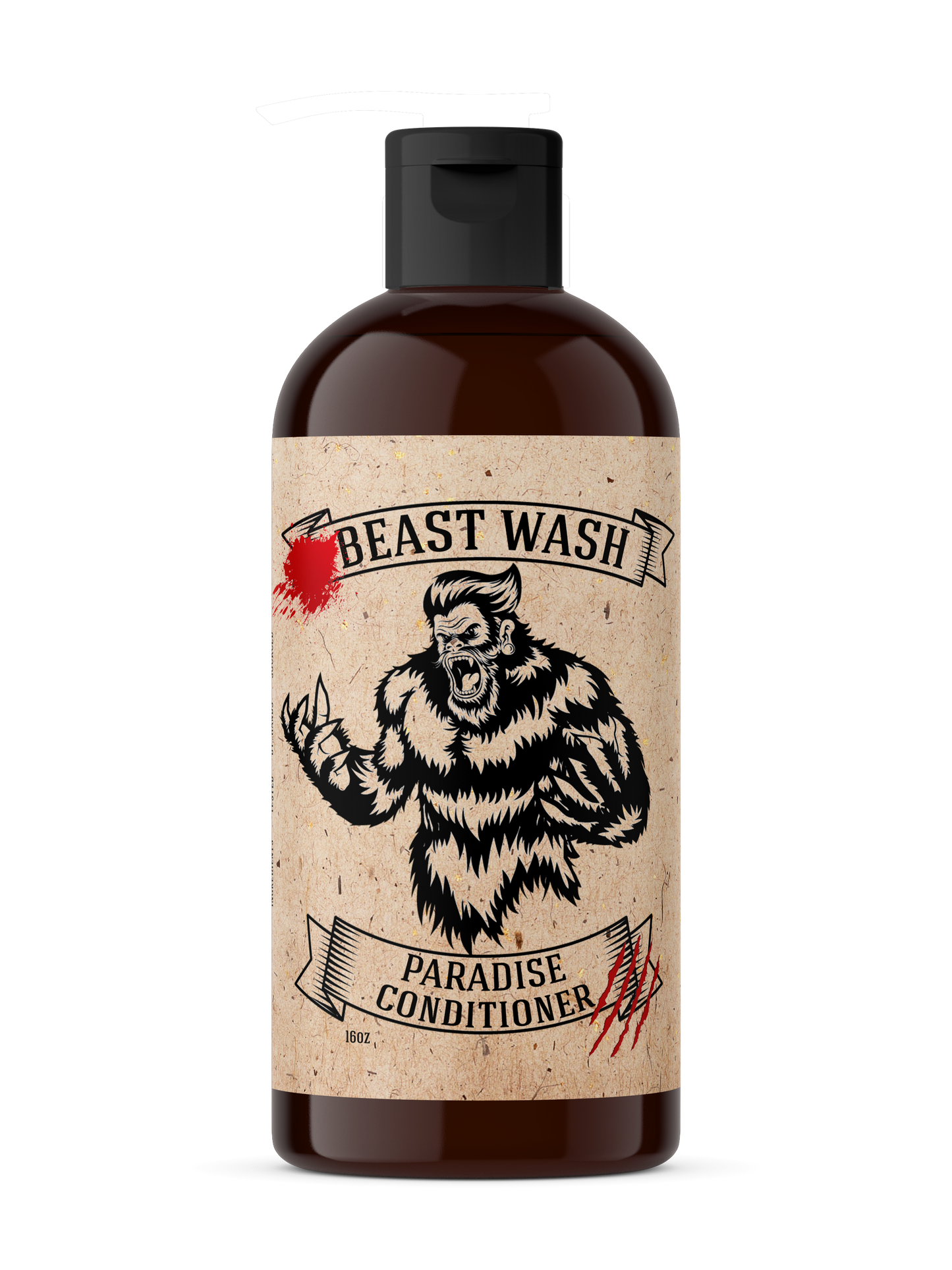 Hair conditioner bottle with black pump, Paradise label on brown bottle