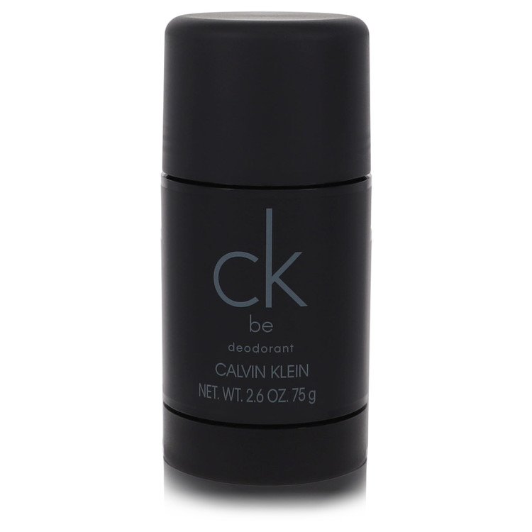 Black ck be deodorant stick container with CALVIN KLEIN logo and NET WT label