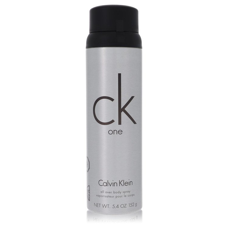 Body spray bottle with black cap, silver canister labeled CK one and Calvin Klein