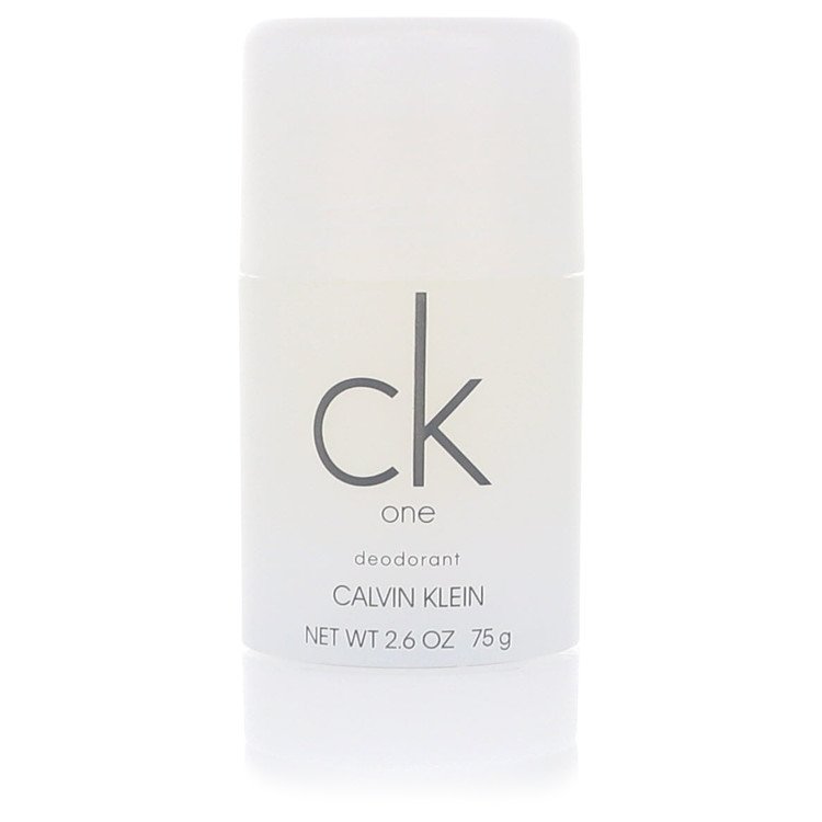 White CK One deodorant stick, CALVIN KLEIN logo on front, net wt 2.6 oz 75 g