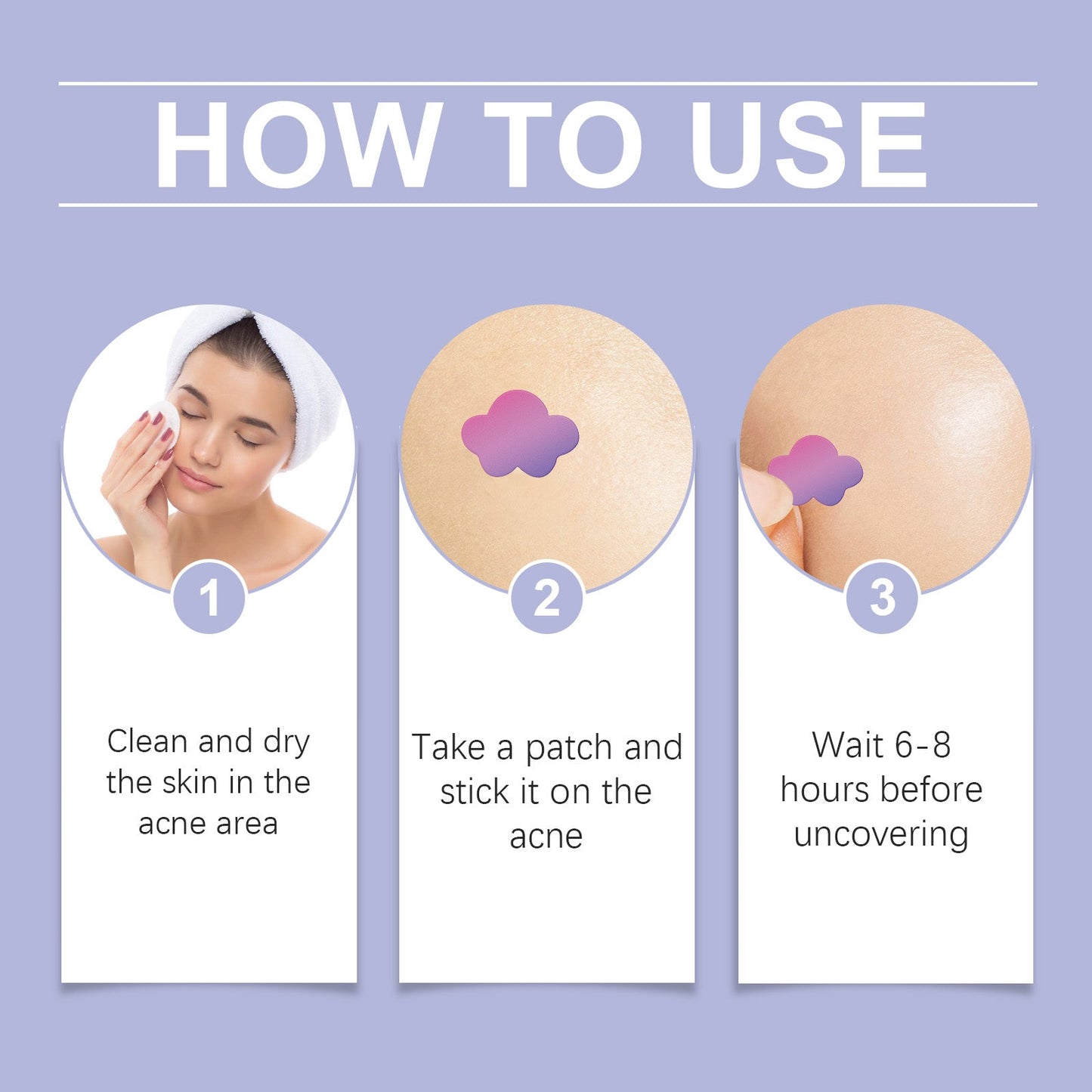 Acne pimple patch how-to guide with step diagrams for cleaning and applying patches