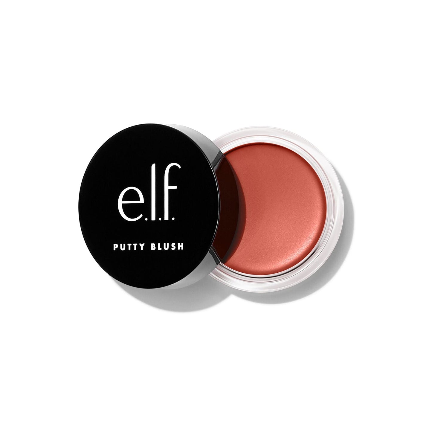 e.l.f. Putty Blush cream blush in rose-copper shade, open jar with black lid