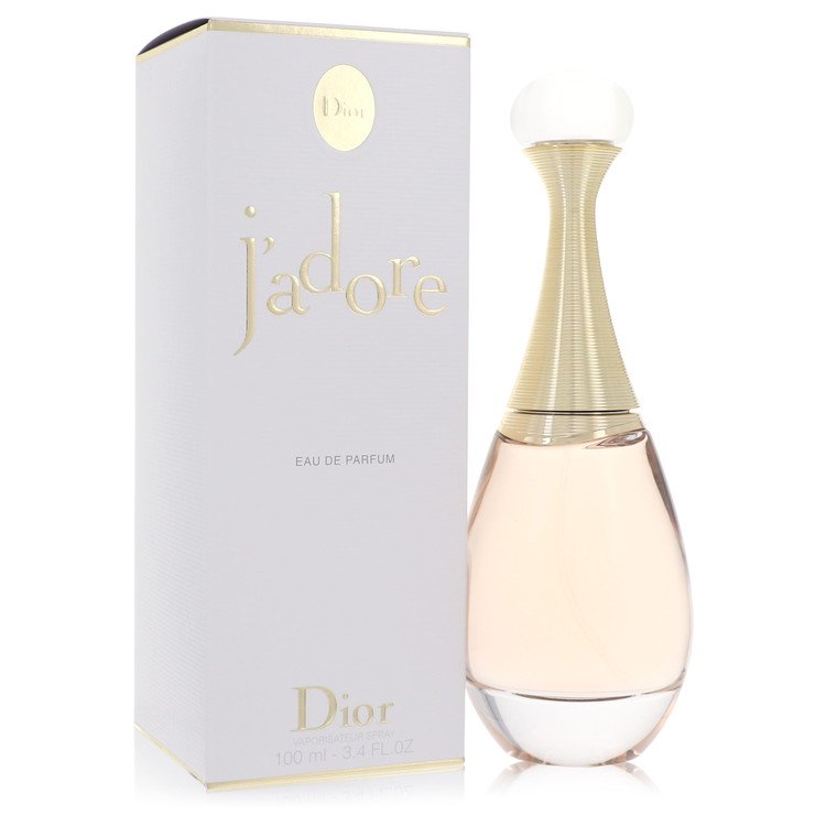 Jadore Eau de Parfum spray bottle with gold neck and white cap, shown with box