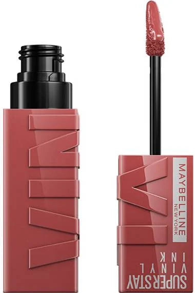 Maybelline SuperStay Vinyl Ink liquid lipstick in muted rose, with applicator wand