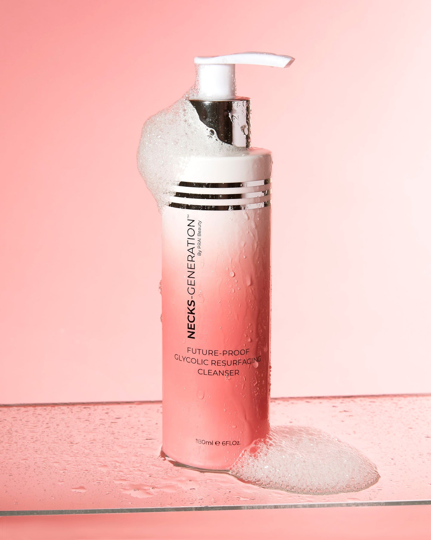 Necks-Generation glycolic cleanser bottle with pump, pink tint, with foam and splash