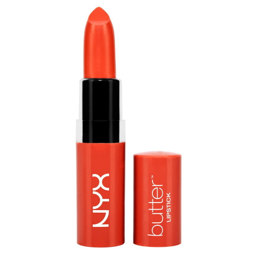 Orange-red satin-finish lipstick bullet with matching cap, glossy cylindrical tube