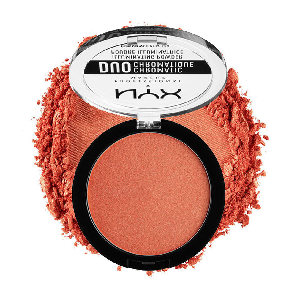 NYX Duo Chromatic Illuminating Powder compact with coral-peach powder pan.