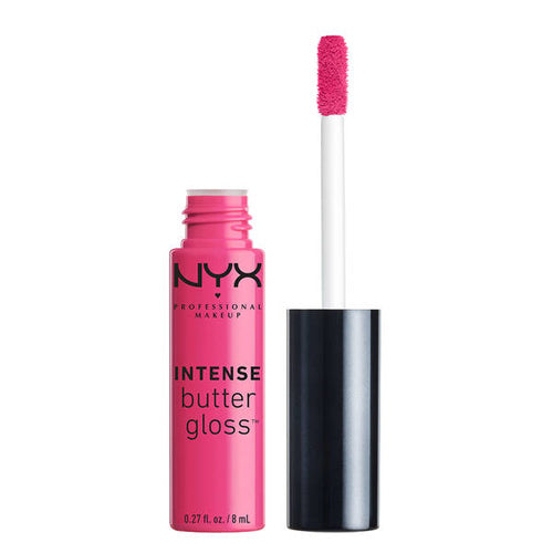 NYX Intense Butter Gloss tube with doe-foot applicator, fuchsia pink lip color
