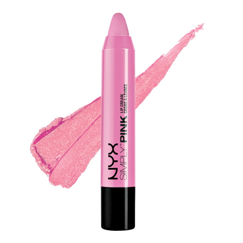 Lip cream tube with glossy pale pink lip swatch and applicator tip