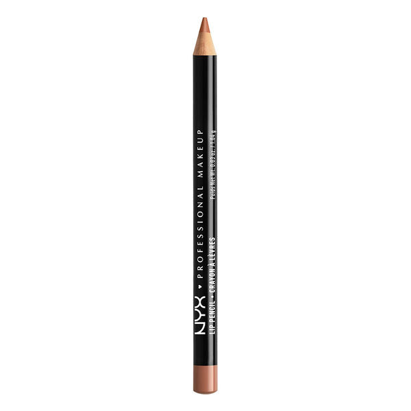 NYX slim lip pencil in soft brown, sharpened tip, black tube with label.