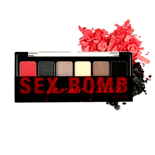 NYX Sex Bomb eyeshadow palette with red, gray, nude, and beige shades