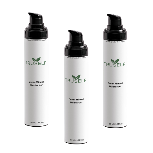 Set of three Ocean Mineral Moisturizer bottles with black pumps, TRUSELF