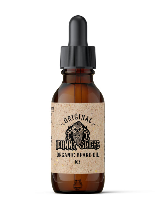 Johnny Slicks Original organic beard oil bottle, 1oz, amber glass with black pump cap