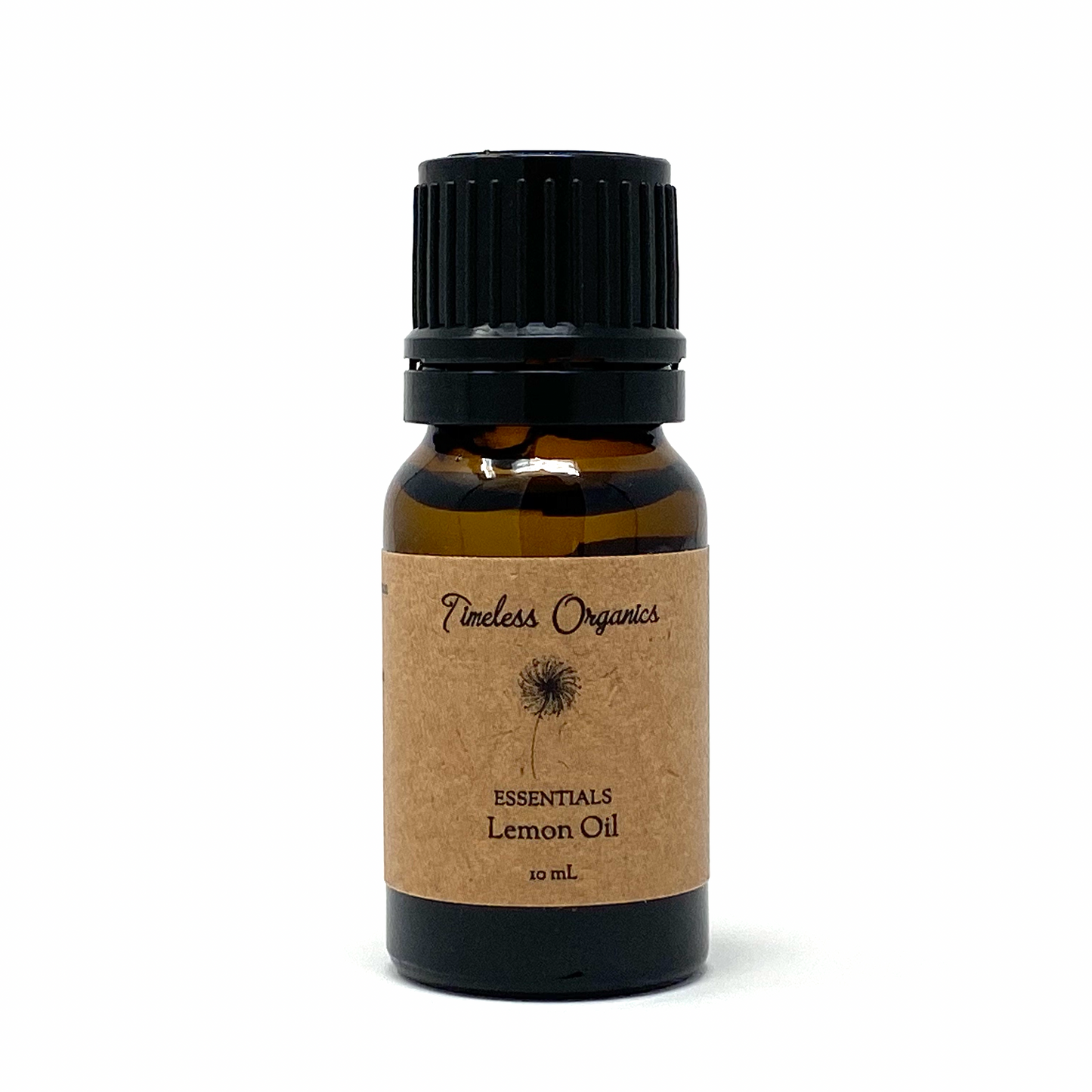 Lemon essential oil bottle with black cap and amber glass