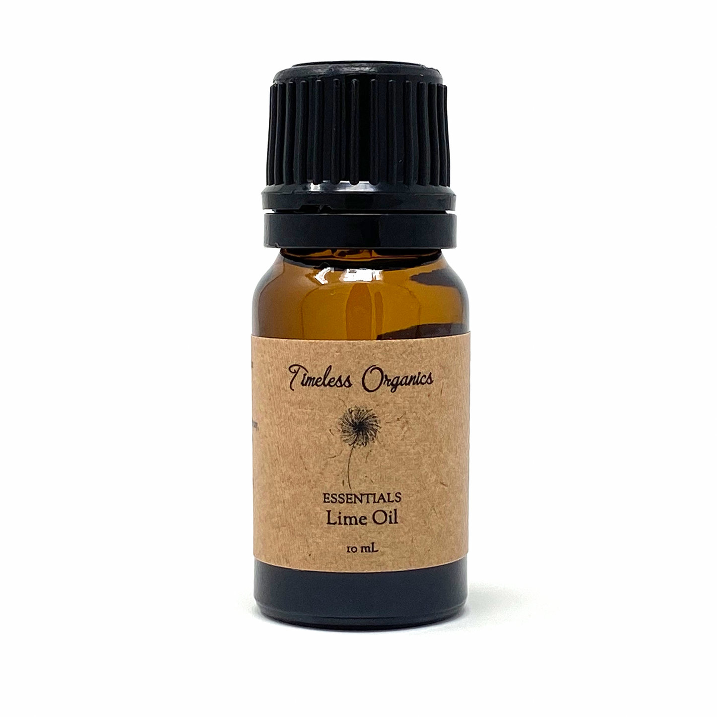 Amber essential oil bottle with black ribbed cap and Lime Oil label