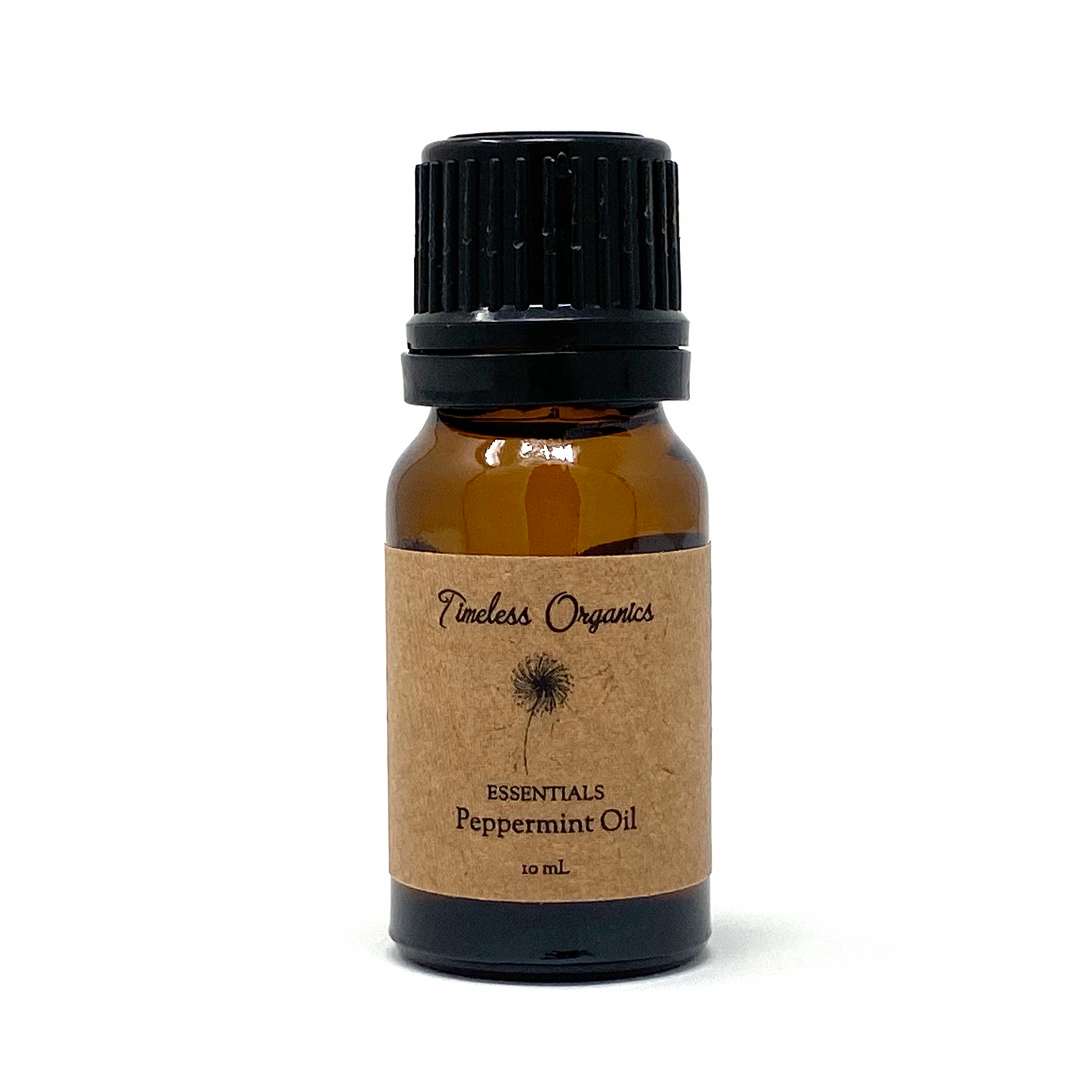Amber glass peppermint essential oil bottle with black ribbed cap