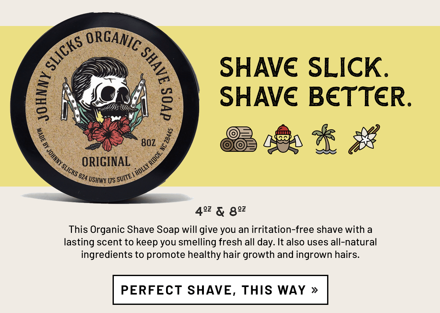Organic shave soap tin with black rim and beige Original label, 8 oz