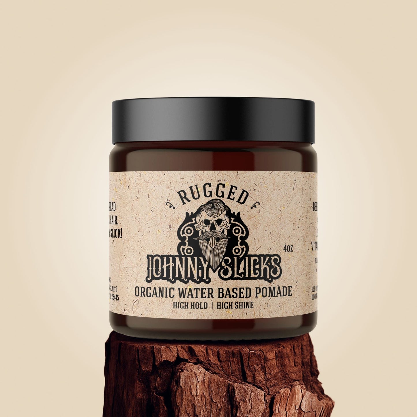Johnny Slicks water-based pomade jar with black lid, Rugged label
