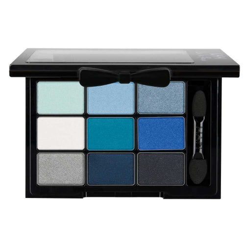 NYX eyeshadow palette with 9 cool shades in white, teal, blue, gray tones, two applicators