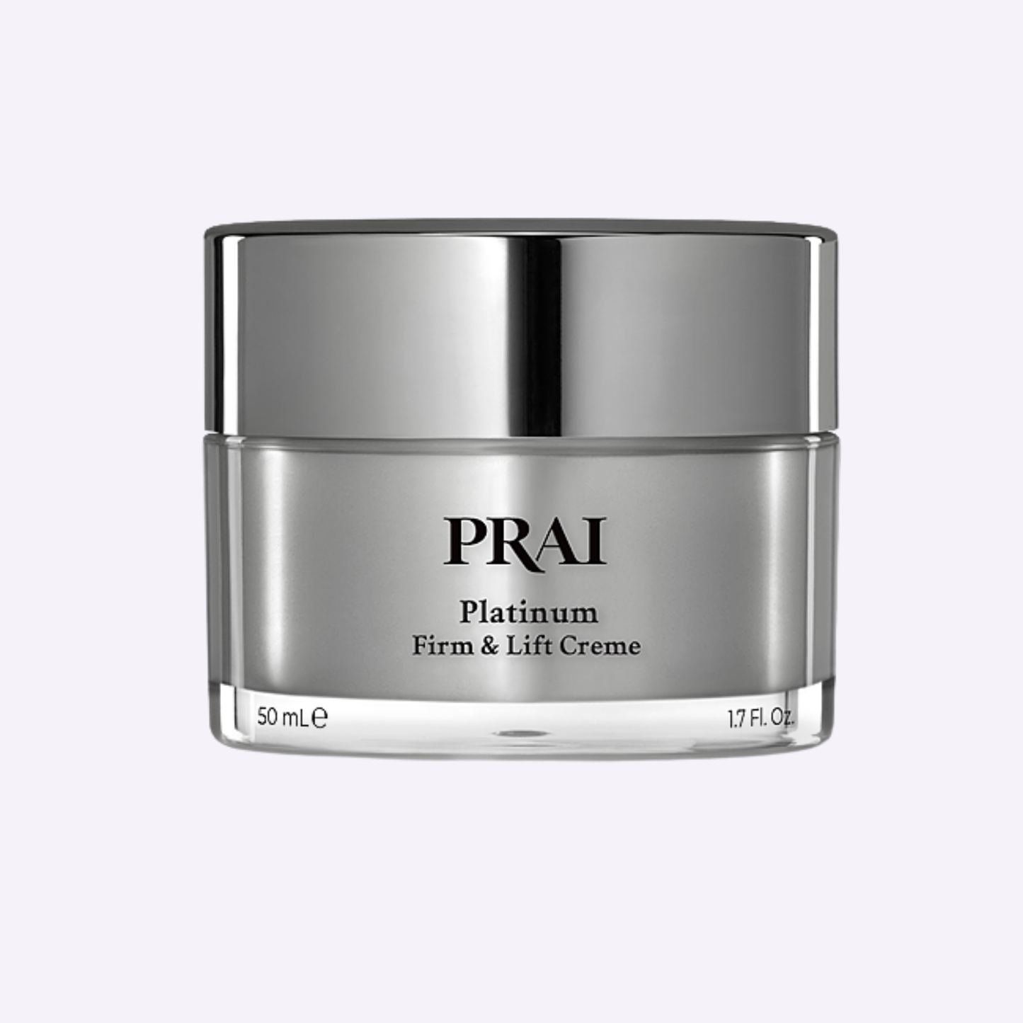 PRAI Platinum Firm & Lift Crème in silver glass jar with black lid, 50 mL