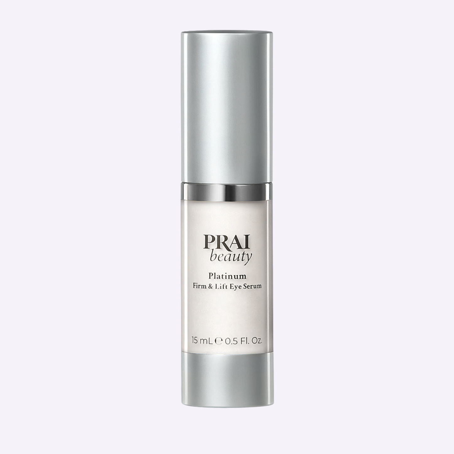 Eye serum bottle with silver pump top and beige label, 15 mL