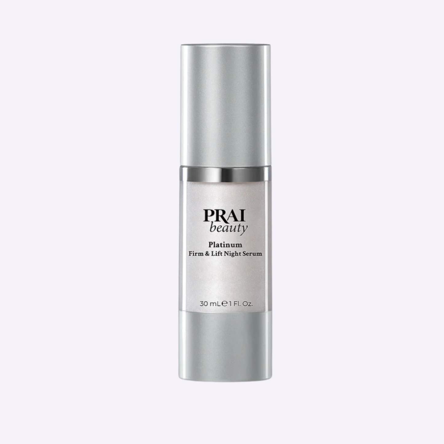 PRAI beauty Platinum Firm & Lift Night Serum bottle, silver cylinder with label