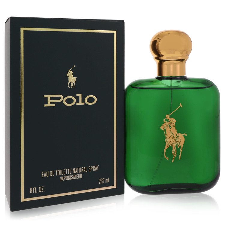 Men's Polo cologne with green glass bottle and gold cap next to black box labeled 8 fl oz