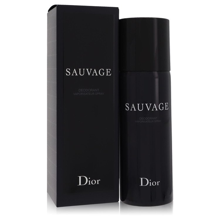Men's deodorant spray bottle and box, black with SAUVAGE and Dior text
