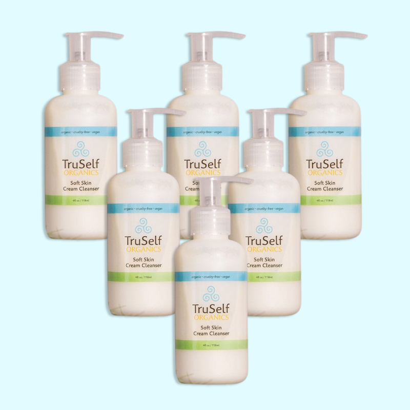 Set of six cream cleanser pump bottles, white containers with green label strip