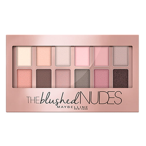 Eyeshadow palette with 12 nude and blush-toned shades in a tray
