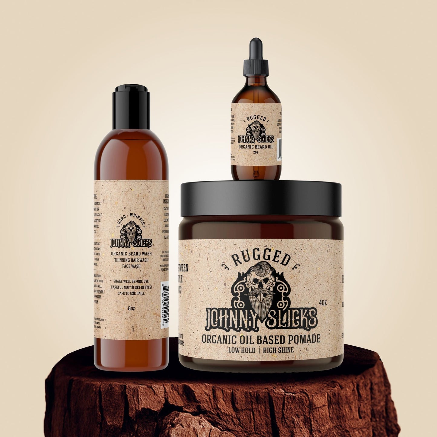 Hair growth kit: amber bottles and Rugged pomade jar with wash bottle