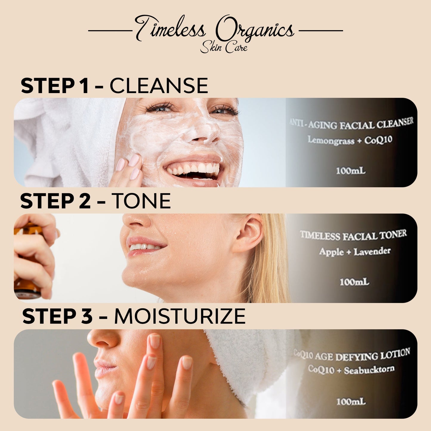 Anti-aging skincare kit step guide showing cleansing, toning, and moisturizing on face