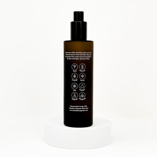 Timeless Organics facial toner bottle, back label with icons, black pump, 100mL