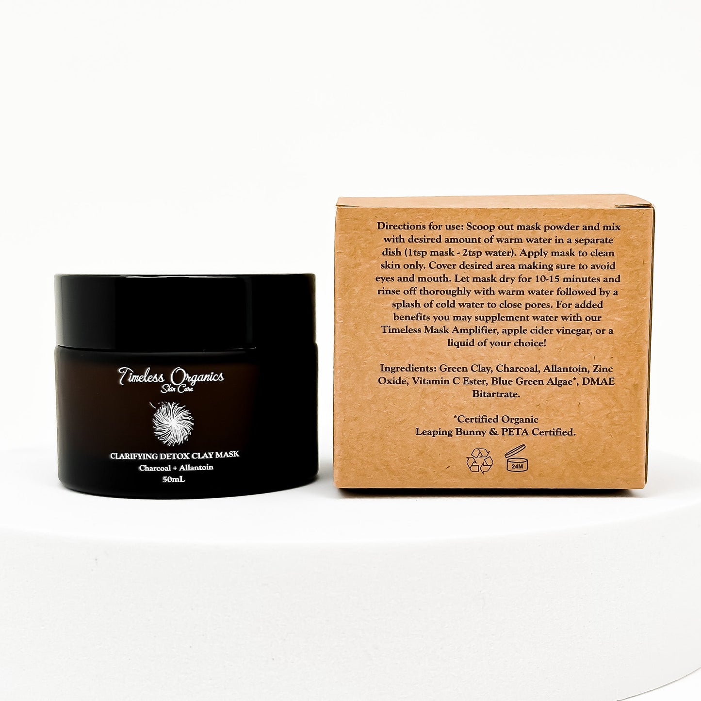 Black clay face mask jar with matching tan product box