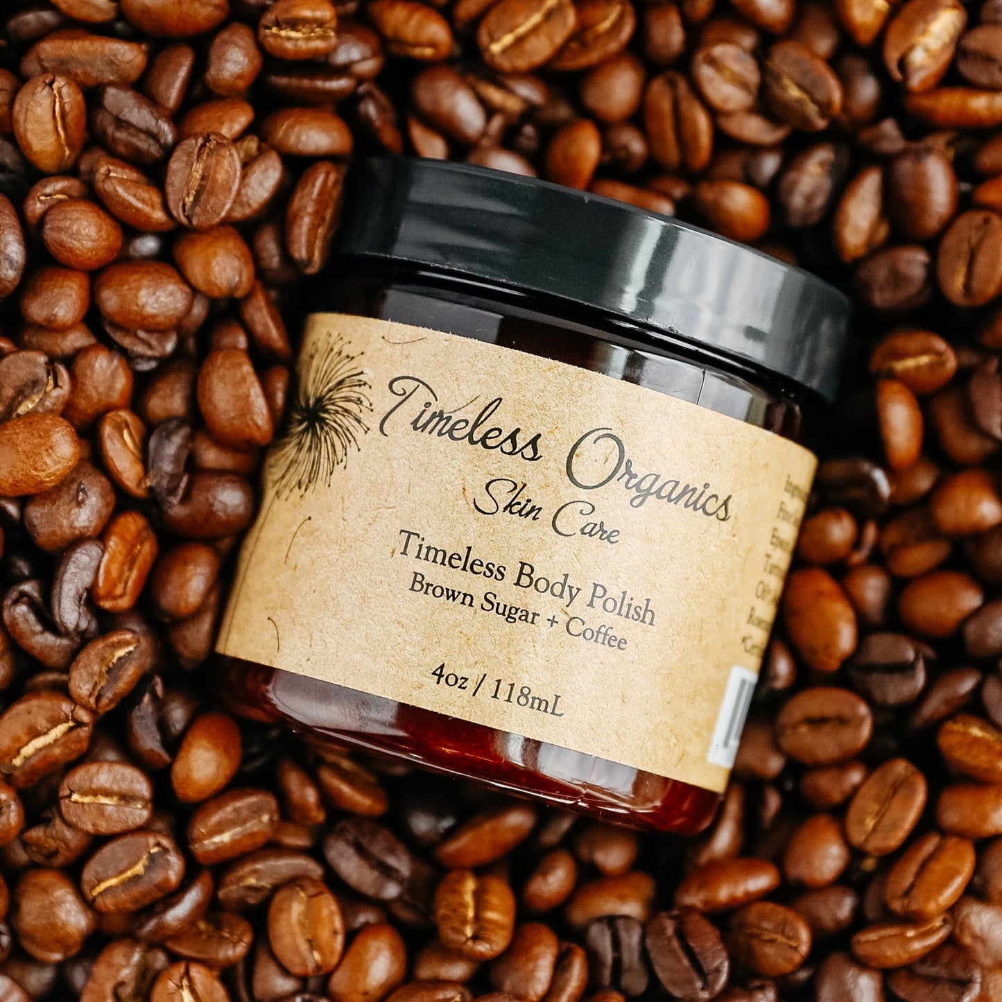 Jar front label with black lid, Timeless Organics Skin Care brown sugar + coffee