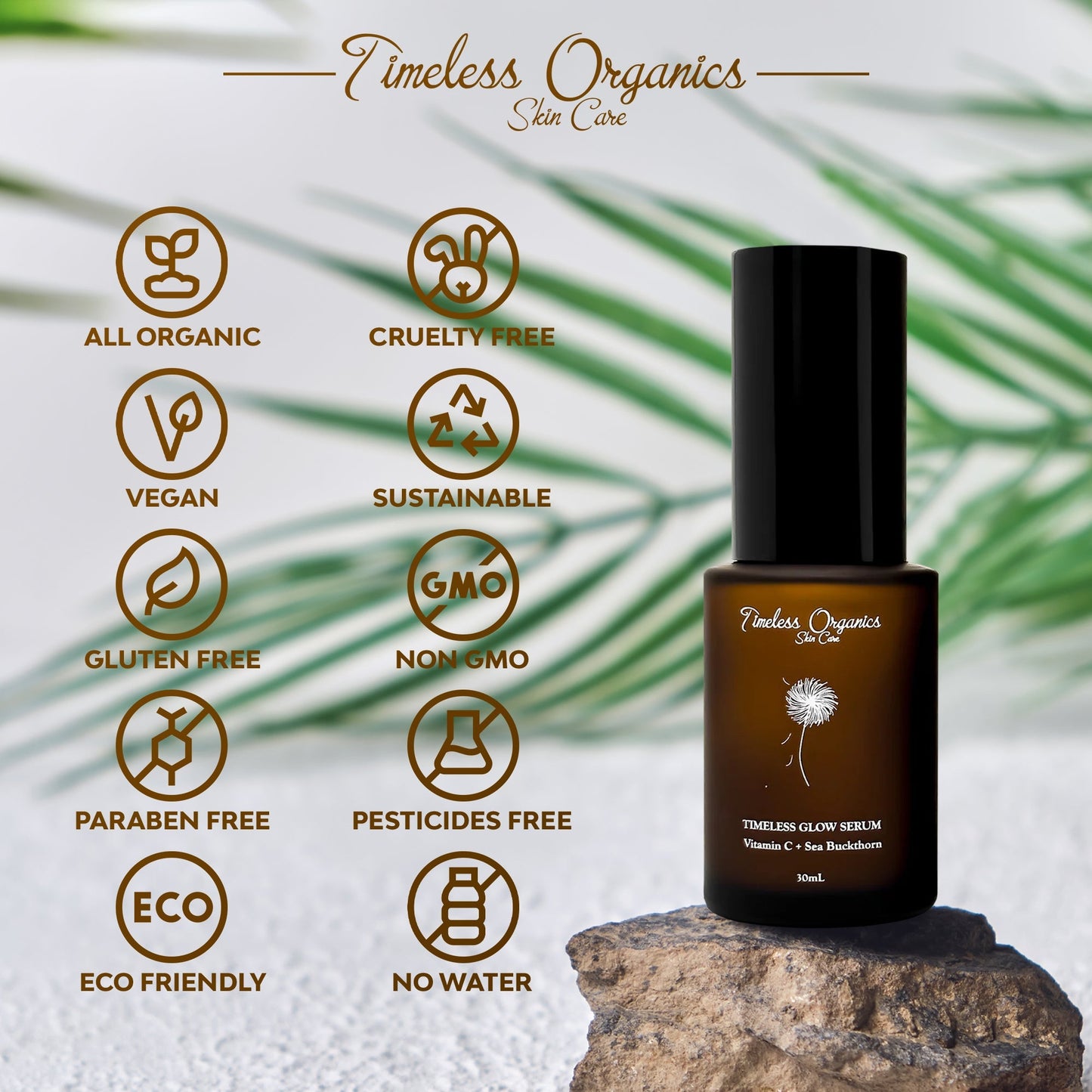 Glow serum bottle with black pump standing on a stone with green leaves.