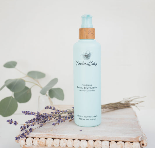 Baby face and body lotion bottle with pump, light blue, Timeless Baby branding.
