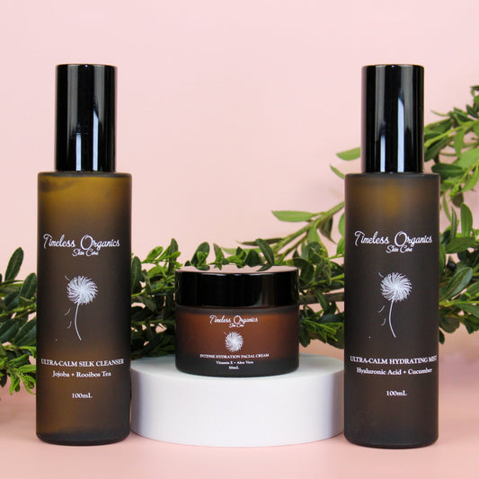 Skincare kit with two tall bottles and round facial cream jar on display
