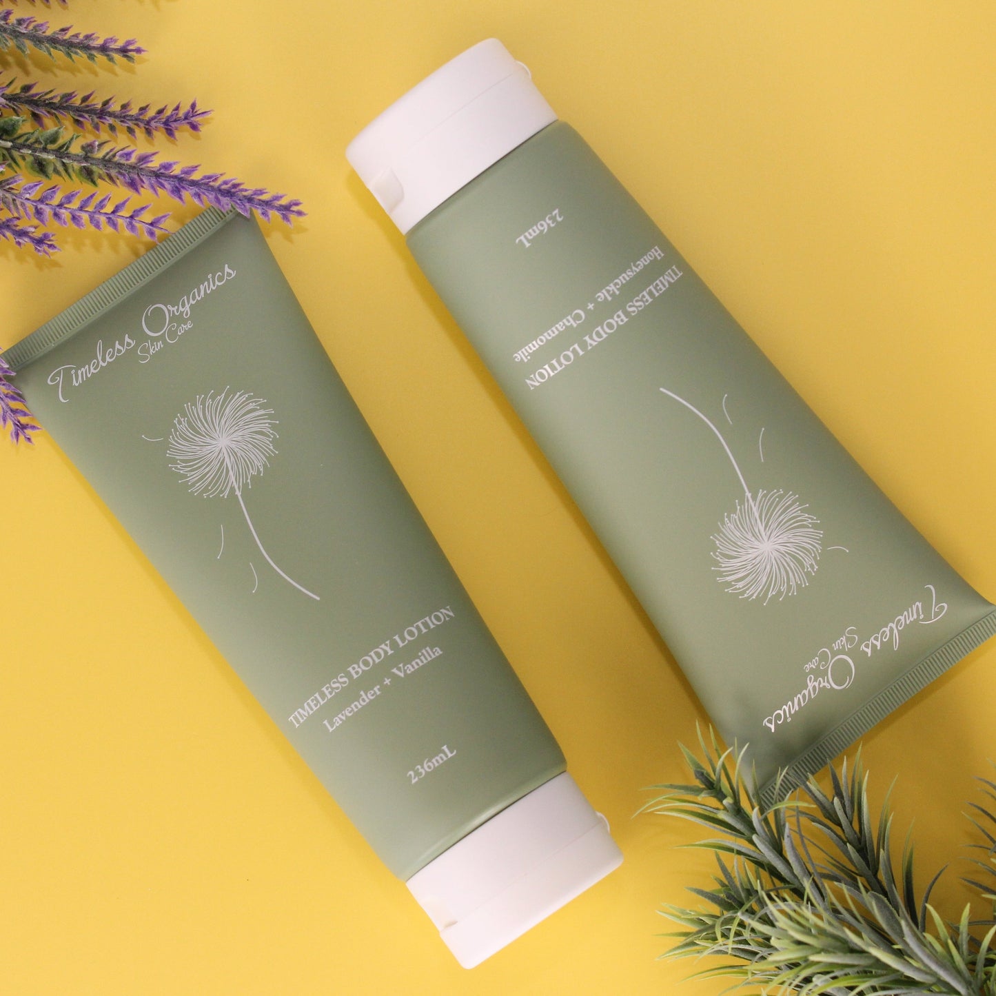 Two green body lotion tubes with white flip caps