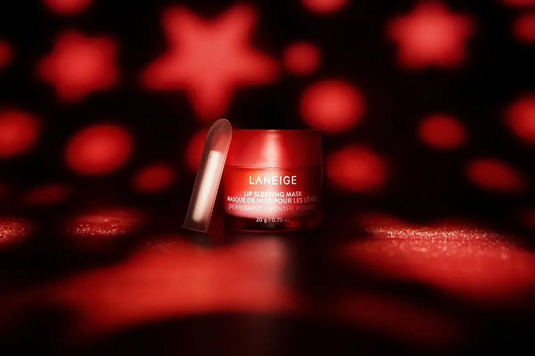 Laneige lip sleeping mask with red background.