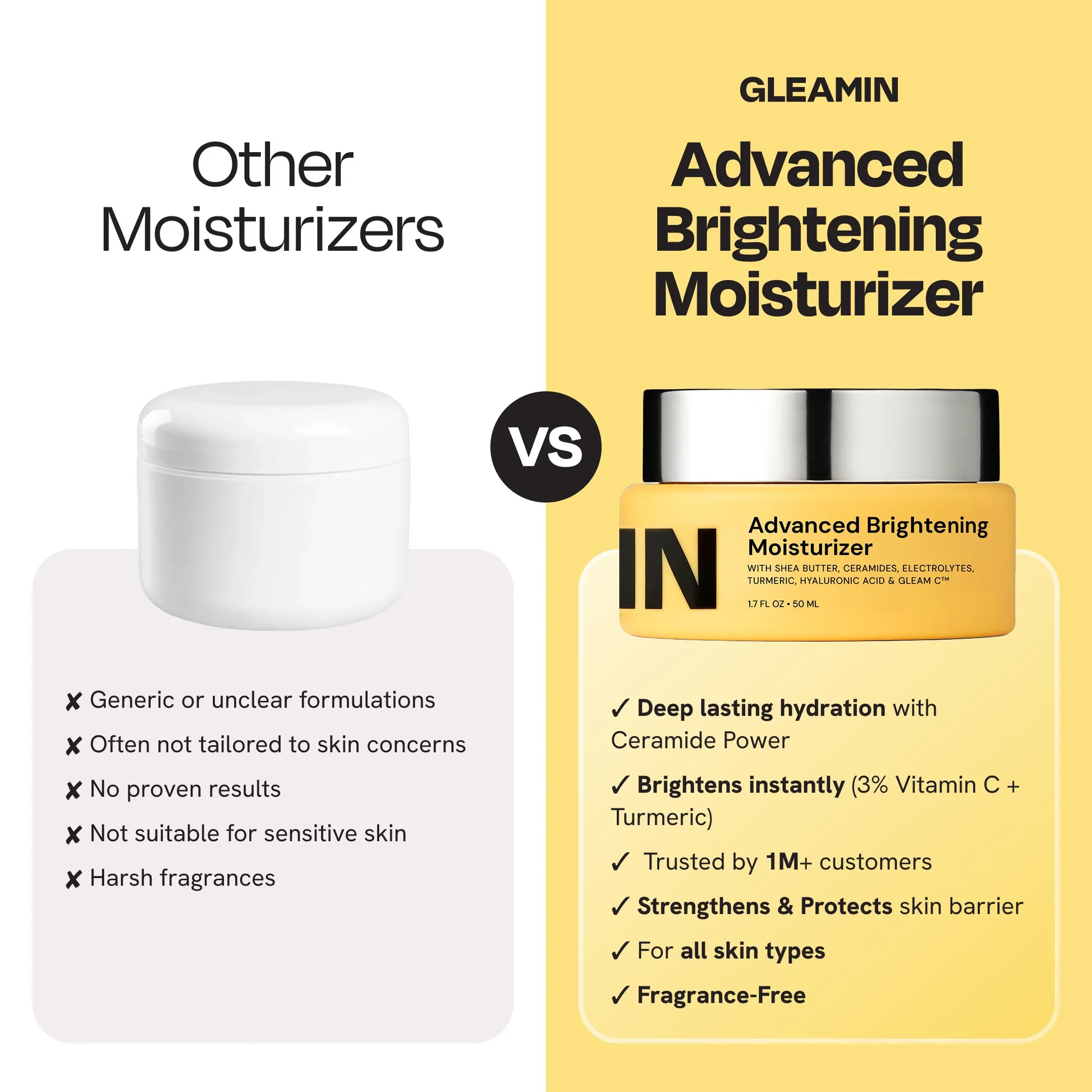 Yellow face moisturizer jar shown beside a plain white moisturizer jar in comparison