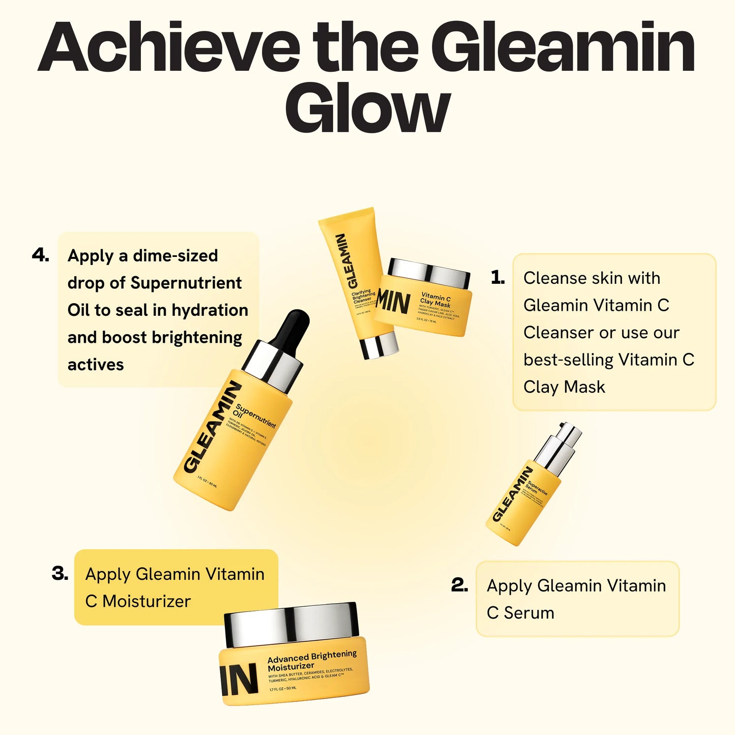 Gleamin Advanced Brightening Moisturizer jar, yellow cream container with silver lid