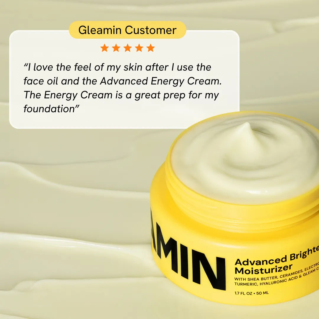Yellow face moisturizer jar with thick white cream swirl, customer review card