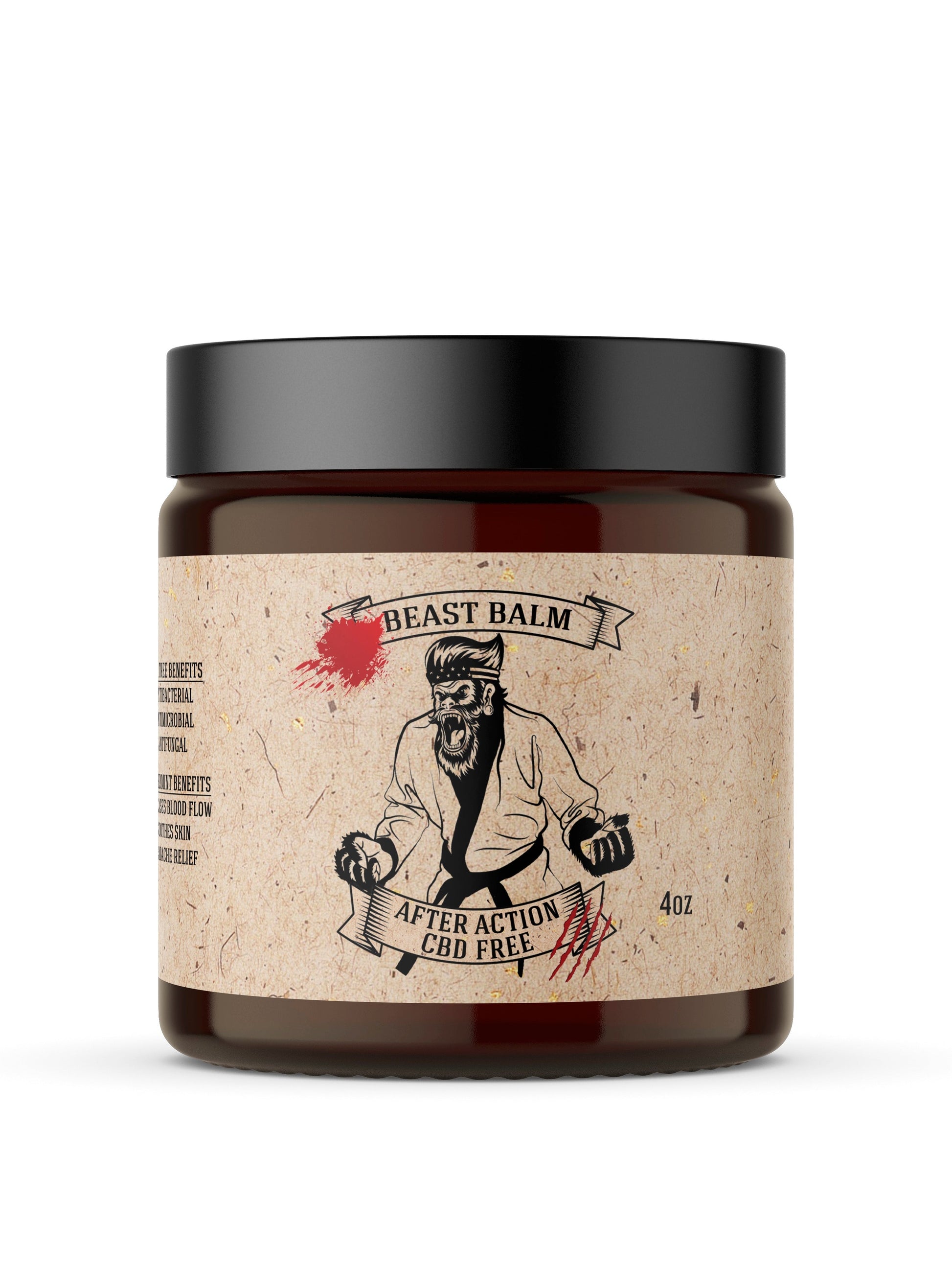 Beast Balm skin balm jar with black lid, beige label, amber body