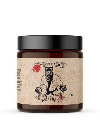 Beast Balm skin balm jar with black lid, beige label, amber body