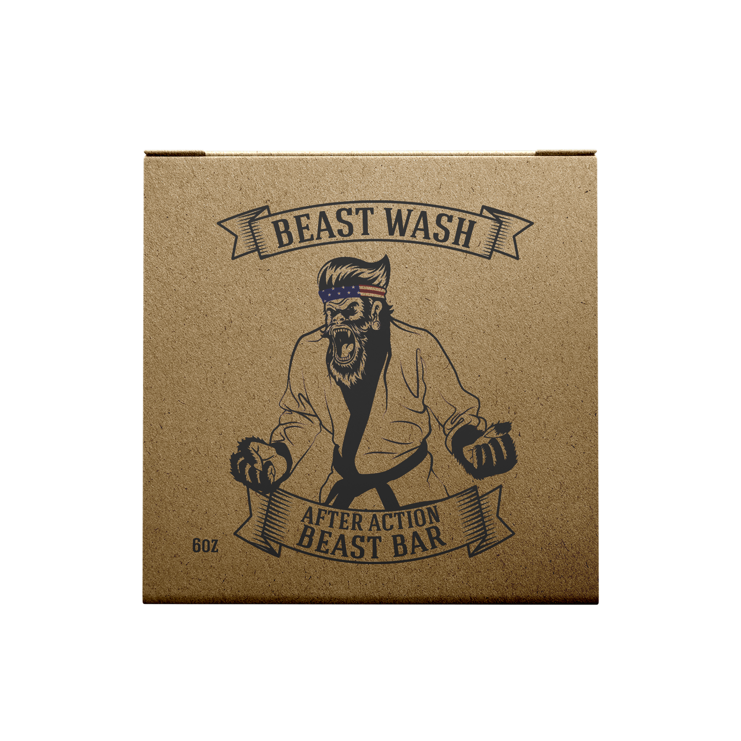 Kraft cardboard soap box labeled Beast Wash After Action Beast Bar, 6 oz