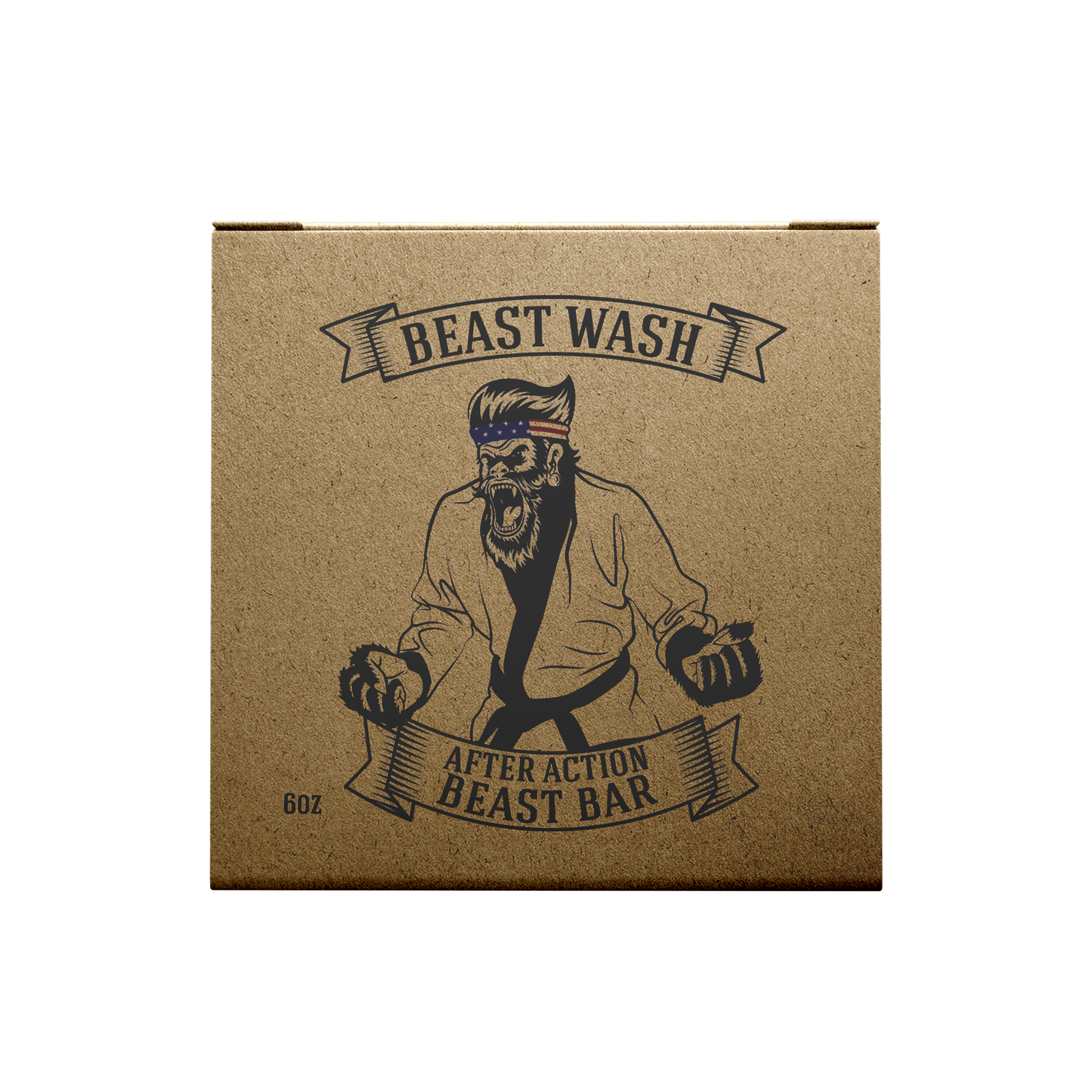 Kraft cardboard soap box labeled Beast Wash After Action Beast Bar, 6 oz