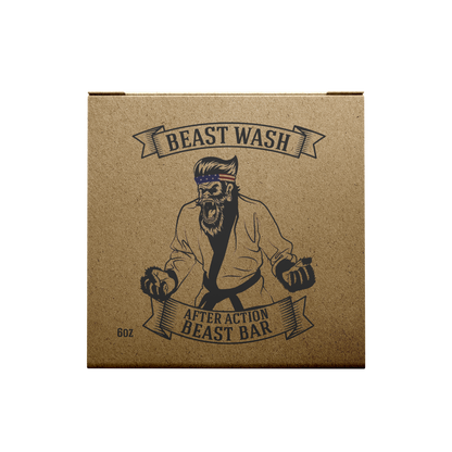 Kraft cardboard soap box labeled Beast Wash After Action Beast Bar, 6 oz